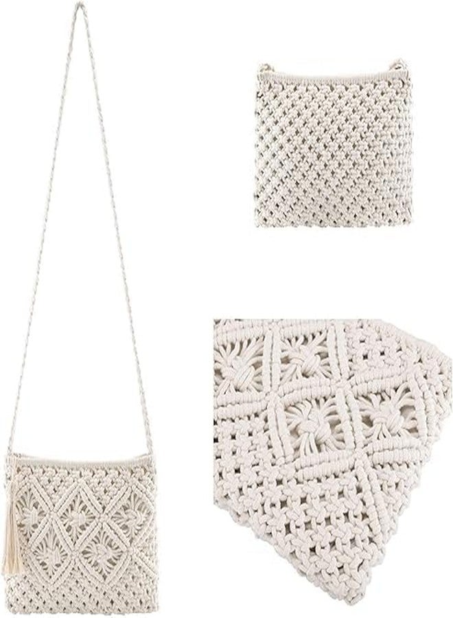 PARAH Women's Handwoven Crossbody Handbag Summer Beach Shoulder Handbag Cotton Crochet Woven Handmade Purse Bag Tassel For Ladies (White) - Image 5